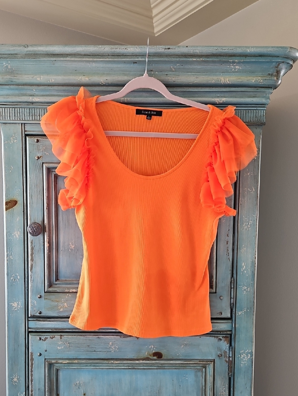 Sincerely Jules Neon Orange Ruffle Sleeve Scoop Top